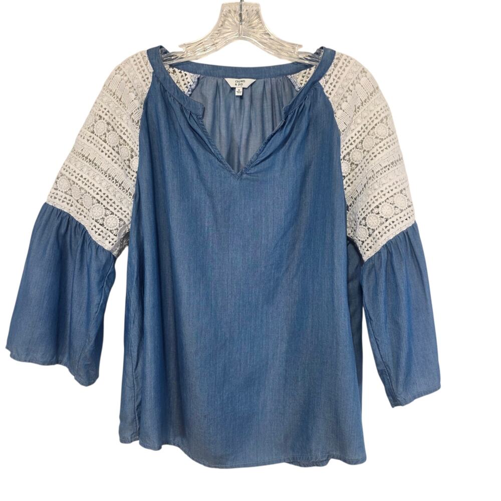 Crown & Ivy Womens Chambray Tencel and Lace Blouse Boho Peasant Medium